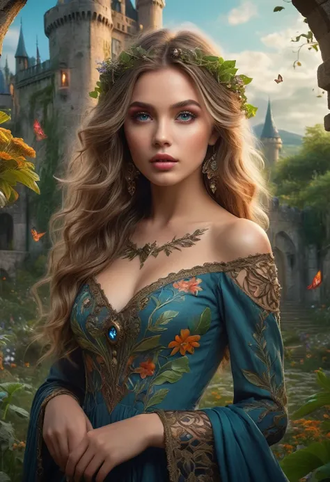 a beautiful 20 year old girl, messy dark blonde hair, fantasy landscape, portal to a magical garden background an old castle, mystical atmosphere, beautiful detailed eyes, beautiful detailed lips, extremely detailed face, long eyelashes, dress made of leav...