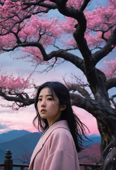 (best quality, masterpiece),(1girl, miko, coat, melancholic expression face, black eyes, looking at front ,black hair, walking, upper body), (night strray sky, huge old tree behind, falling glowing pink petals behind, shrine behind, mountain background, bl...