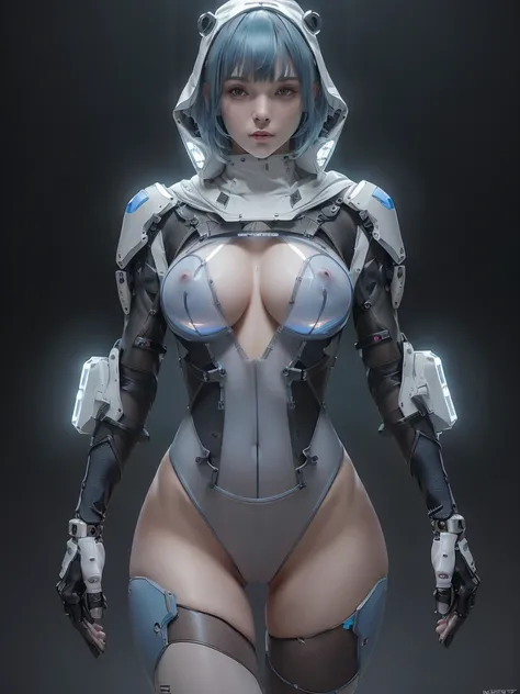 ((of the highest quality)), ((​master piece)), (detail:1.4), (((Translucent black material with mechanical parts and transparent skin, Beautiful woman in cyber bodysuit made of gray carbon material))), Glowing pale with LEDs, ((Wide open chest)), Skin of t...