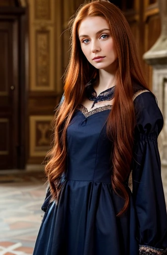 Creating a beautiful image of Caterina Sforza, 19 years old, Beautiful redhead、Reddish brown hair。Stern face、Wearing a navy blue 15th century dress。Beautiful Lady、Inside a medieval castle