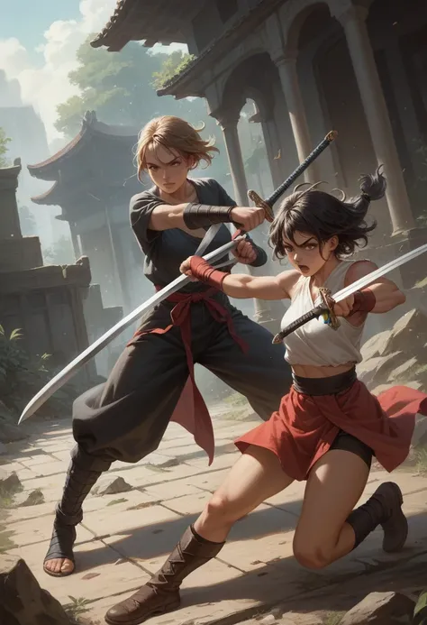 A detailed image, of a fight between two anime women with everything and swords, unclothed, fighting to get clothes