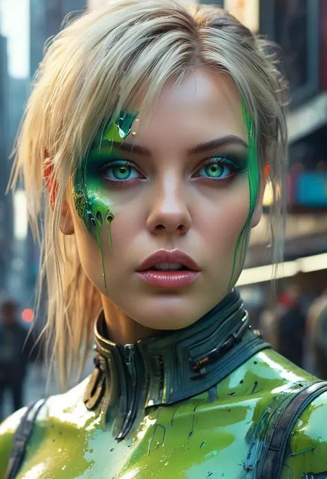 Futuristic beautiful femme fatale, highly detailed green eyes, blonde hair, expressive, futuristic city backdrop, expressive, detailed face, oil painting, heavy strokes, by giger, by jean Baptiste Monge, by Karol Bak, by Carne Griffiths, masterpiece, Unrea...