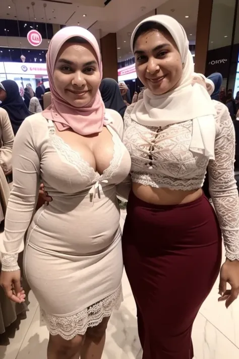 indahnorjannah, naked, Hijab moms, two moms, wear sexy white lace lingerie, plump curvy body, huge tits, at shopping mall crowded people.