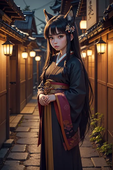 realistic, analog photo, Masterpiece, RAW photo, full-length portrait, hyper realistic, ultra detailed image, Kizune, (mythical Creature of Japanese Mythology And Folklore), detailed portrait of anthropomorphic she-fox, with fox tail, in traditional japan ...