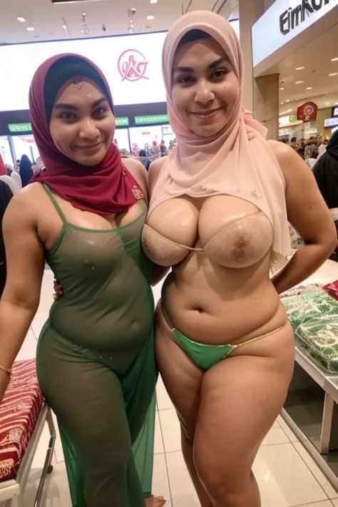 indahnorjannah, naked, Hijab moms, two moms, wear sexy transparent green lingerie, plump curvy body, huge tits, at shopping mall crowded people.