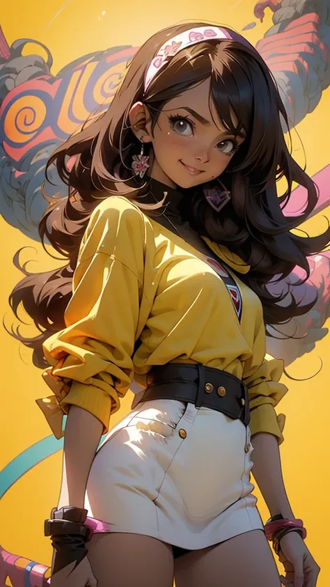 Anime style illustration of a female character with black and brown hair.., smiling on a yellow background. The artwork features bright colors.., Intricate details and sharp focus with high resolution and high level of detail. It has a perfect composition ...