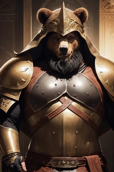 Um personagem de RPG d&d, in which is a strong bear, with large and resistant armor that looks like royalty covering his head 