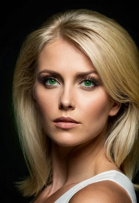 blonde woman, high, profile stop, green eyes