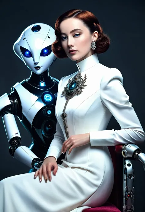 A portrait of a noblewoman in classic attire, her gaze piercing, yet her hand rests on a futuristic robotic pet that sits loyally by her side 