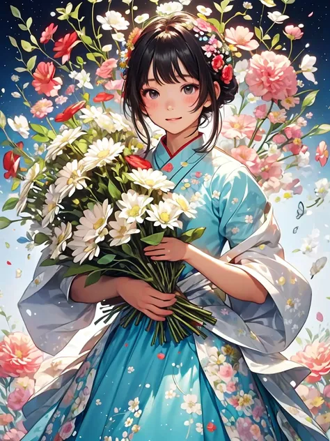 Close-up holding a bouquet, Made of flowers少女, Girl in Flowers, Made of flowers, covered With flowers, With flowers, Carrying flowers, Full of flowers, Covered with flowers, Holding flowers, Lee Song, By Chiho Aoshima, By Niduan, Cute artwork, Jan Born, Pr...