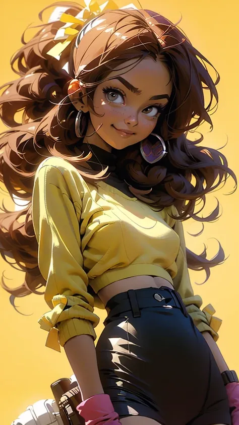 Anime style illustration of a female character with black and brown hair.., smiling on a yellow background. The artwork features bright colors..,  Sharp focus with high resolution and high level of detail. It has a perfect composition in anime art style wi...