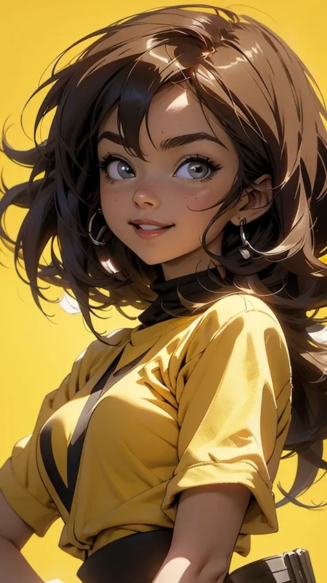 anime style illustration of a female character with black and brown hair.., smiling on a yellow background. the artwork features...