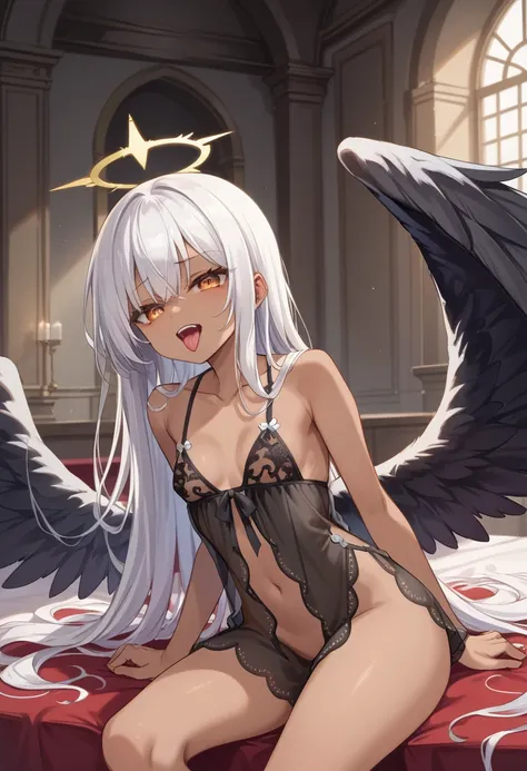 Score_9, score_8_up, 4k, 8k, detailed face, source_anime, smug angel girl with small breasts, pretty girl, thick thighs, white hair, long hair, fallen (black wings:1.5), angel wings, black outfit, black babydoll, see-through outfit, inside heaven, wet tong...