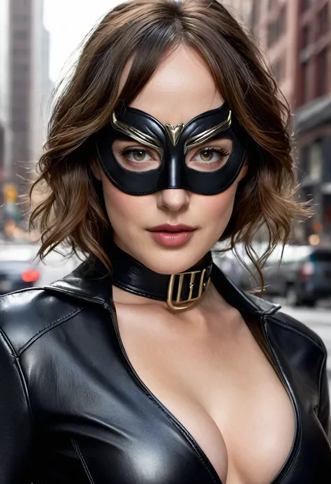 
(cowboy shot), (masterpiece), (Best quality:1.0), (ultra high resolution:1.0), Dakota Johnson as Marvel Catwoman Highly detailed face and eyes, (Photorealistic:1.2) BREAK, high facial detail, Brown eyes, black cat eye mask , Black leather tight suit with ...