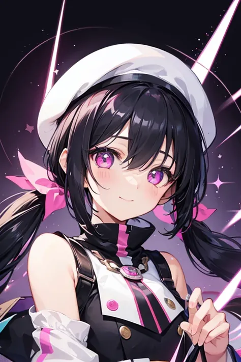 One girl, solo, Gaze, Black Hair, Pink eyes, Twin tails, beret, Abstract painting, Highest quality, Simple Background, smile, Sparkling eyes, Stars in the Sky, expression, Gradient eyes, Sparkling eyes, 