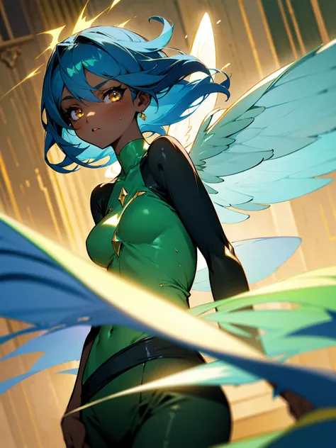 1female, young, fairy wings, azure hair, dark skin, angel wings, green dress, black sweatpants, gold eyes, confident