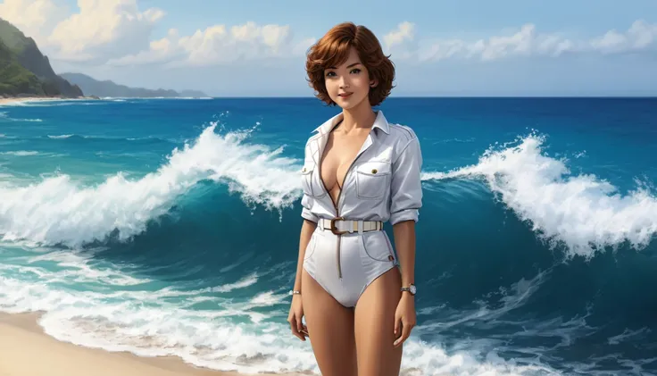 score_9, score_8_up, score_8, style langrisser, source_anime, semi_realistic, a picture of April80,1girl,short hair,black eyes,brown hair,cleavage,belt,white belt,wristwatch,jumpsuit. surfing on the back of a big turtle on the sea. beach, sea