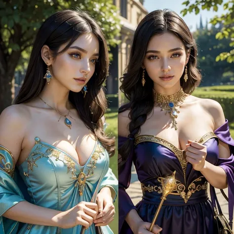 (​masterpiece, best quality:1.5), highest quality, High resolution, super detailed, Realists, Upper body photo of a sorceress, black hair, detailed and beautiful eyes, beautiful detailed lips, very detailed eyes and face, longeyelashes, shiny satin dress, ...