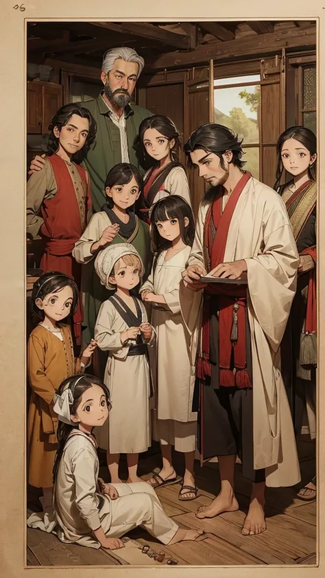 Manwa drawing of a father and his 9 children