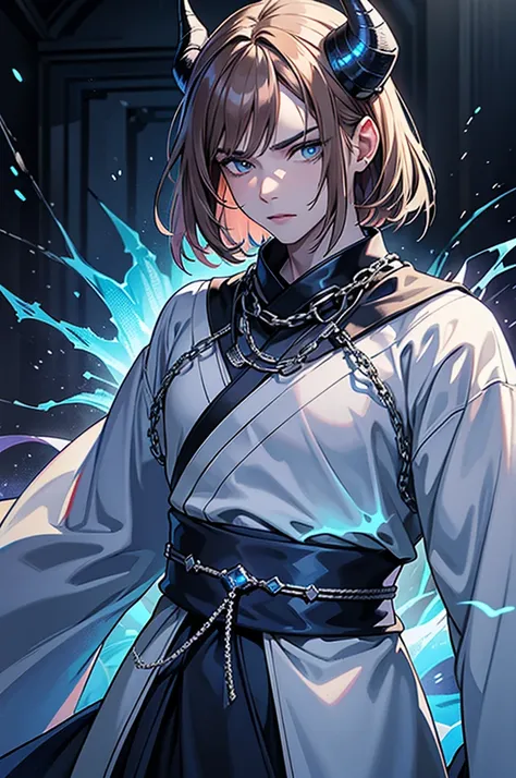 I want a man with white skin, with eyes covered in a demonic blue aura, I want him to have a hateful expression and dark, firm brown eyes, and a blue demonic aura with a trace of ice on his skin that surrounds his entire being, This man has two white horns...