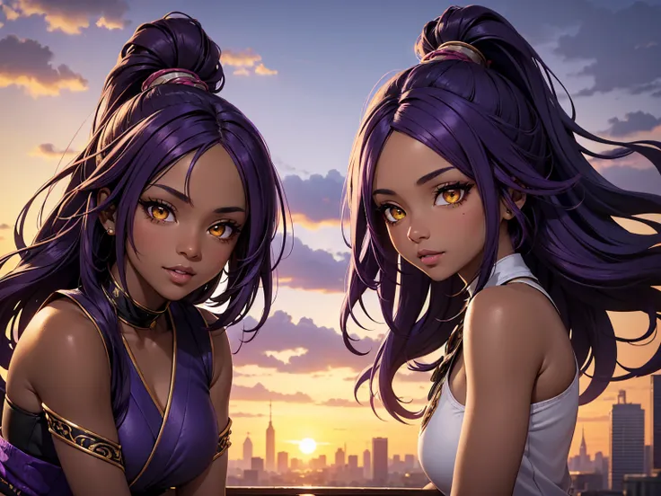 high on details, high resolution, Natural strokes and colors, natural lighting, face detailed, detailed hair, eye detailed, detailed nose, detailed lips. full body view, a dark-skinned and beautiful woman: wearing a purple outfit, city with sunset, with lo...