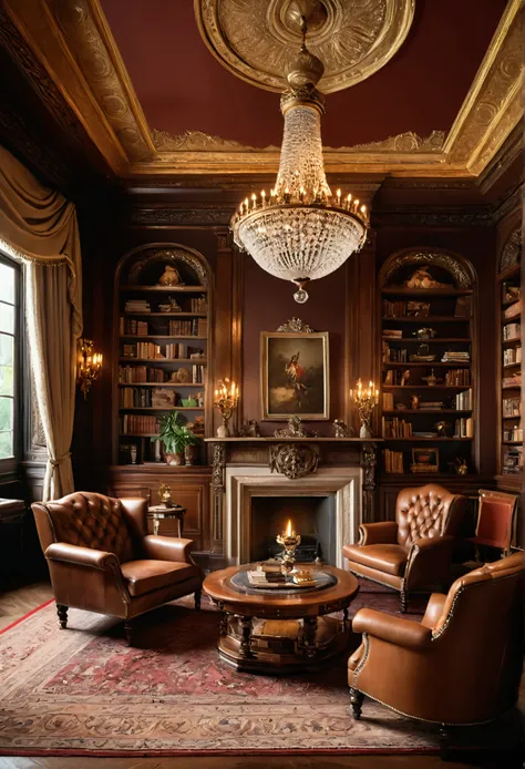 a gentlemans lounge, intricate detailed interior, high-end luxury, leather armchairs, wooden bookshelves, antique globe, fireplace with mantel, soft warm lighting, leather-bound books, plush carpeting, oil paintings on the walls, elegant chandelier, tufted...