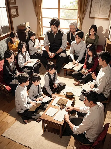 Manwa type drawing with a father in the middle and his 9 children around him 