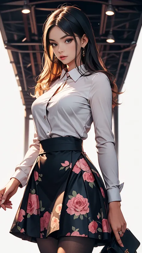 Simple color palettes, Woman 25 years old, elegant, clean, sharp designs, flowing silhouette, (Best Quality,artwork, 8k), Dressed like a sexy , revealing outfit, Checkered skirt design, Simple silhouettes, impresión elegant, Simple and sophisticated style,...