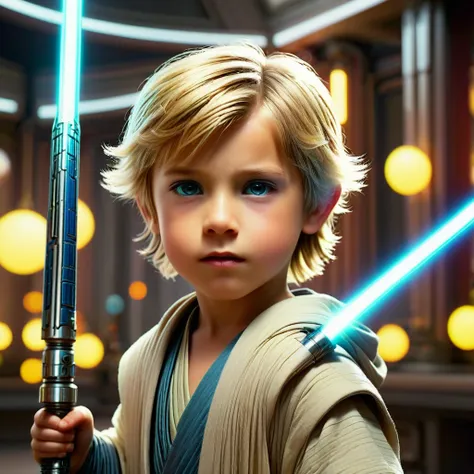 a young jedi padawan, 6 years old boy, blond short hair, deep browns eyes, calm but domintating cool face, detailed total perspe...