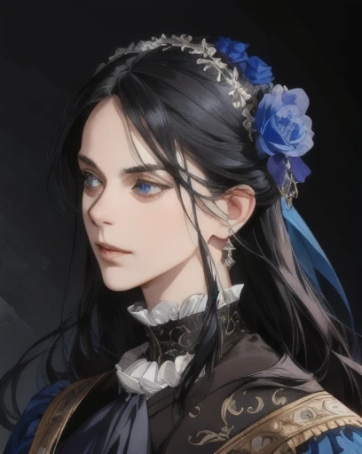 man, long straight black hair, blue eyes, side-swept bangs, mature, angry, sharp jaw, god eyes, diamond earrings, cravat, blue suit, detailed realistic portrait, photorealistic, hyperrealistic, 8k, detailed clothing, beautiful detailed eyes, beautiful deta...