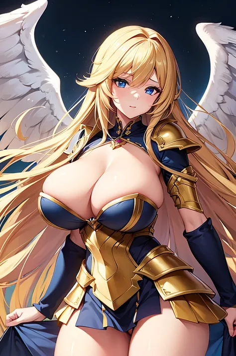 best quality, extremely beautiful, beautiful face, angel woman, big breasts, huge breasts, four huges golden wing, revealing armor with open front skirt, breasts visible, breasts almost naked, very long blond hair, blue eyes