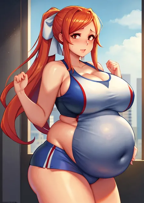 art by kipteitei, 1girl, Orihime, cheerleading uniform, massive belly, massive breasts, chubby (best quality, masterpiece)