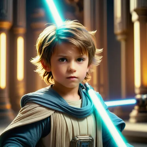 a young jedi padawan, 6 years old boy,  dark blond very short hair, deep browns eyes, calm but domintating cool face, detailed t...