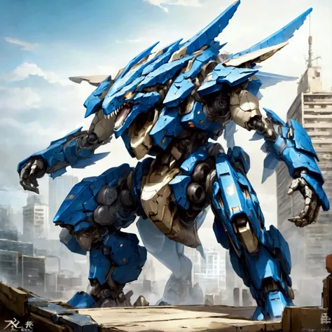 a close-up of a cyberpunk wind mechanical mecha tyrannosaurus rex, mechanical creature, blue exoskeleton mech, zoids art, mecha ...