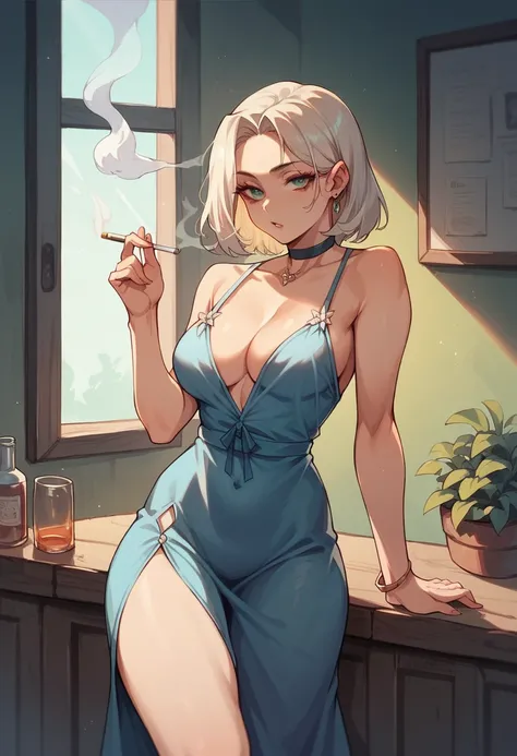 1girl, sexy, in a bar smoking, night dress