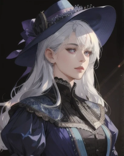 a determined victorian era female merchant in her late 20s, hat, blue dress, straight white hair, (monoculars), striking purple eyes, side-swept bangs, long black gloves, detailed realistic portrait, photorealistic, hyperrealistic, 8k, detailed clothing, b...