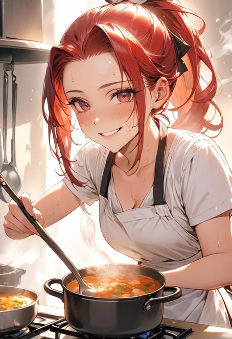 girl cooks soup. in an apron. hair is pulled back into a ponytail. holds a ladle. in front of the girl is a gas stove with a pot...