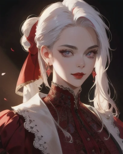 
a mischievous victorian era woman, 30 years old, mischievous, sexy red ballgown, elegant earrings, red lips, long straight white hair, sexy updo, striking purple eyes, side-swept bangs, long black gloves, detailed realistic portrait, photorealistic, hyper...