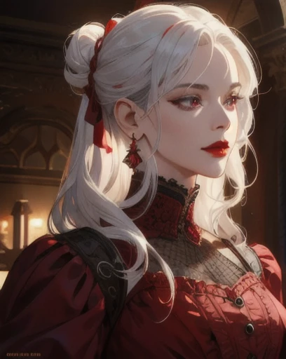 
a mischievous victorian era woman, 30 years old, mischievous, sexy red ballgown, elegant earrings, red lips, long straight white hair, sexy updo, striking purple eyes, side-swept bangs, long black gloves, detailed realistic portrait, photorealistic, hyper...