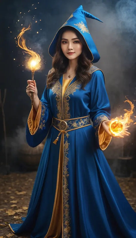 highest quality photos, a female wizard is casting a fireball with a spell, wearing blue clothing with gold embroidery, in his l...