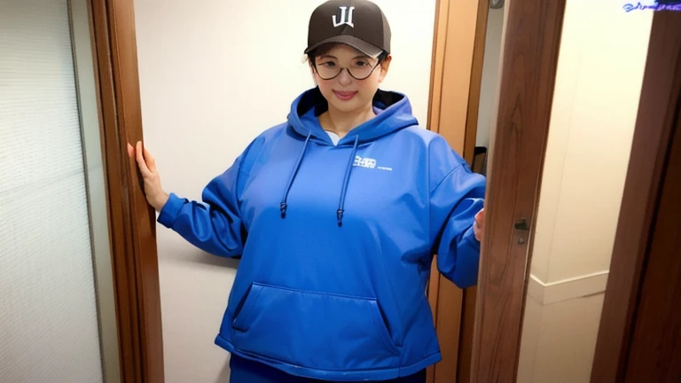 pureerosface_v1, ulzzang-6500-v1.1, ((smile)) curvy bottom heavy bbw japanese woman, she is wearing leggings and a hoodie with glasses and a baseball cap, she is leaning against her door