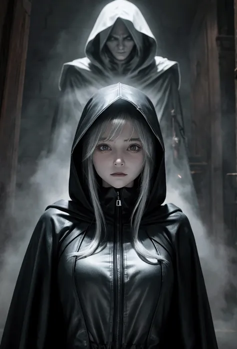 girl being haunted by an evil hooded man