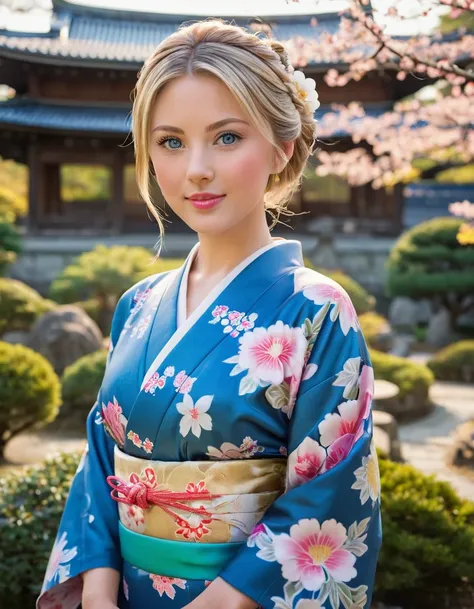 Front view , (standing on garden),  looking at viewer,a American  girl, , beautiful American Young  girl is 30 years old, (Highly detailed face, Blond hair , chignon fringe, Blue eye, Variegated eyes, Fuller lips, little Lips, little smile), (big breasts, ...