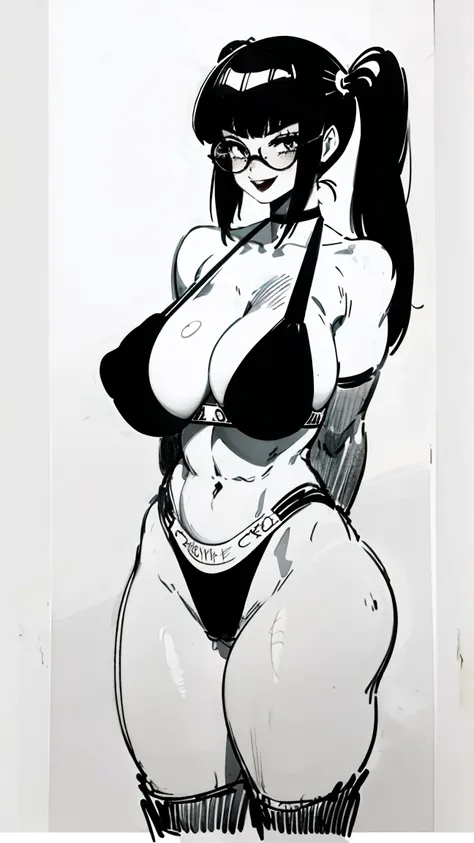 Nabiki Tendou, milf, old woman, sports Bikini, ((sports bikini, flushed, smile coqueta, black lipstick,  muscle girl, stronger)), ((pen sketch style)), ink, detailed face, puffy lips, ((gothic make up)), ((black lipstick)), twintails, ((teacher)), ((pen sk...