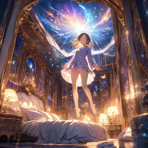 1girl, solo, ((A girl hung in the air under a bed)), eyes closed, dressed in pajamas, The room around her exudes a mystical atmosphere, filled with intricate details and bathed in HDR lighting, The scene captures an o(therworldly, dreamlike quality). maste...