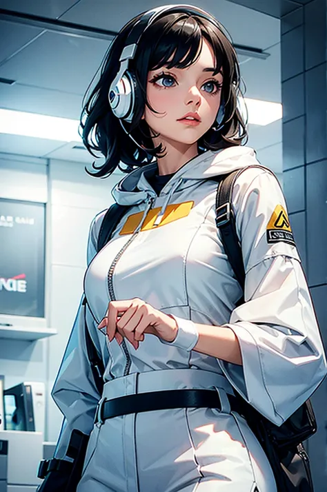 AN ADULT WOMAN WITH SHORT, WAVY BLACK HAIR WITH SIDE BANGS, WHITE HEADPHONES AND WHITE FUTURISTIC CLOTHES, MUSTARD EYES