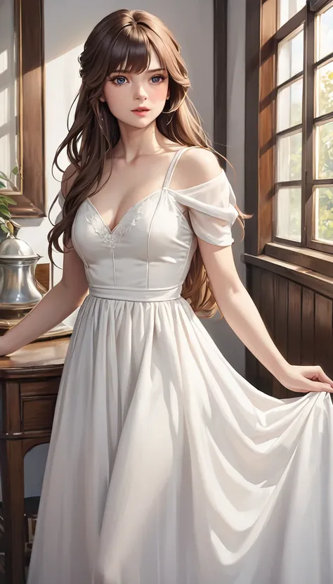 a pretty woman wearing a white dress poses with her hands behind her, 1girl, long hair, solo, realistic, dress, brown hair