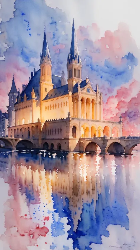 (masterpiece:1.2, Highest quality),(Very detailed),(((watercolor))),8k,wallpaper,Landscape of France,Opera House,night