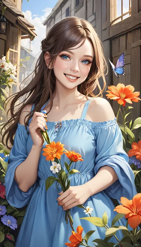 woman in a blue smock holding a flower in her teeth and to hold it, shes smiling, 1girl, solo, long hair, flower, realistic, brown hair, looking at viewer, nail polish