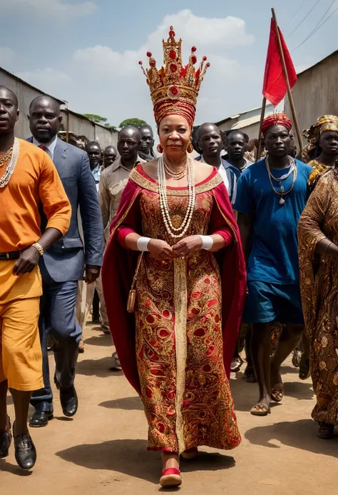 Create an image of Queen Pokou walking with her people behind her